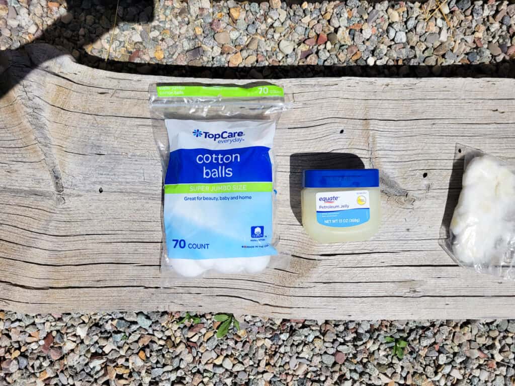 bag of cotton balls and jar of vaseline